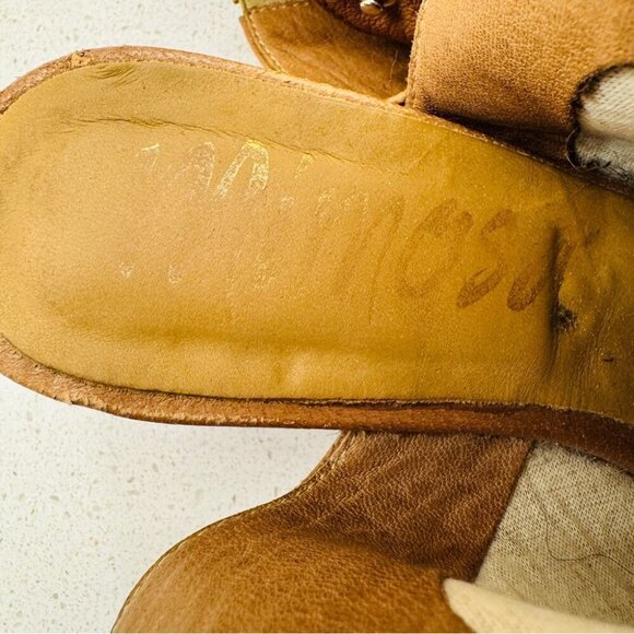 Mimosa Tan Camel Genuine Soft Leather Shoes Peep Toe Stacked Heel Sandals Sz 37 - Picture 9 of 15